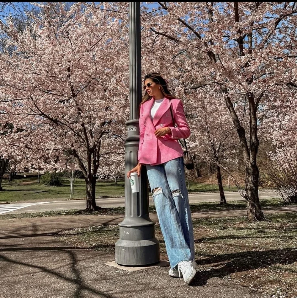 Zara Textured Tweed  Double Breasted  Blazer pink size M - Picture 13 of 15